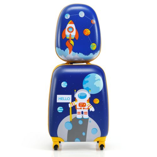 Ensemble 2 Valises Pour Enfants Sac à Dos Trolley Avec Poignée Rétractable Thème Aérienne Bleu