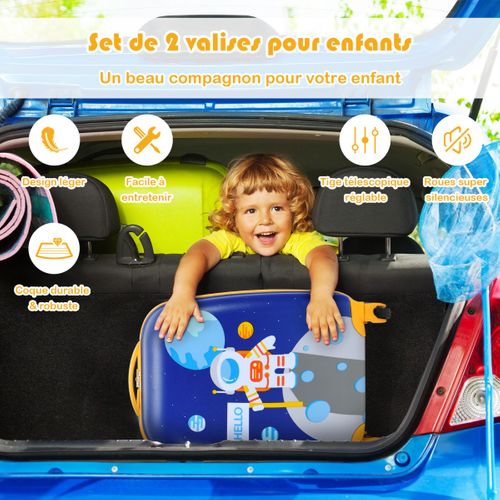 Ensemble 2 Valises Pour Enfants Sac à Dos Trolley Avec Poignée Rétractable Thème Aérienne Bleu