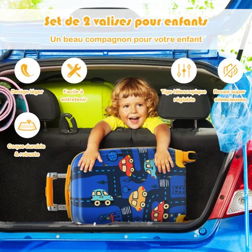 Ensemble 2 Valises Pour Enfants Sac à Dos Trolley Avec Poignée Rétractable Thème Voiture Bleu