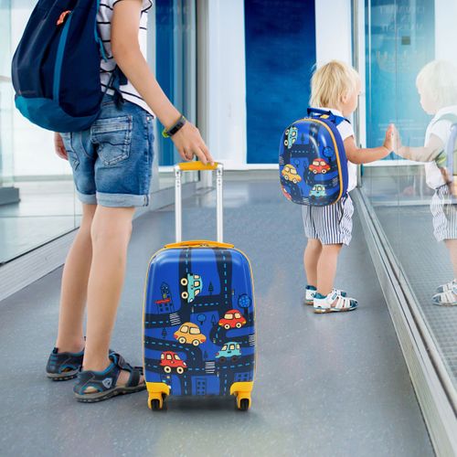 Ensemble 2 Valises Pour Enfants Sac à Dos Trolley Avec Poignée Rétractable Thème Voiture Bleu
