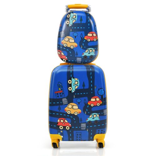 Ensemble 2 Valises Pour Enfants Sac à Dos Trolley Avec Poignée Rétractable Thème Voiture Bleu