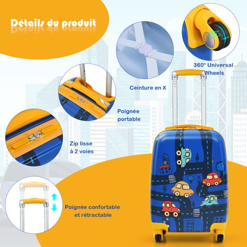 Ensemble 2 Valises Pour Enfants Sac à Dos Trolley Avec Poignée Rétractable Thème Voiture Bleu