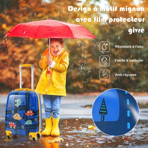 Ensemble 2 Valises Pour Enfants Sac à Dos Trolley Avec Poignée Rétractable Thème Voiture Bleu