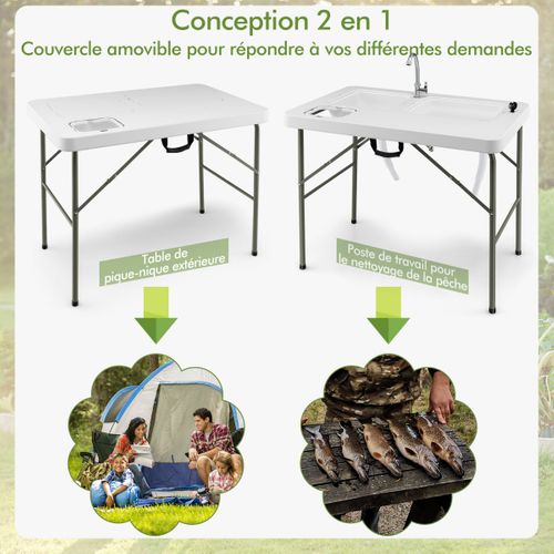 Table De Pêche Avec 2 Éviers Robinet Rotatif 360° Table Pliante Portable Pour Nettoyage