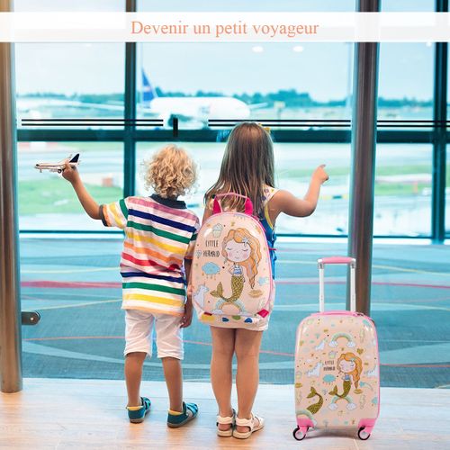 Valise Enfant 18" Et Sac à Dos 12" Bagages à Main à Motif Sirène Avec 4 Roulettes Poignée Réglable