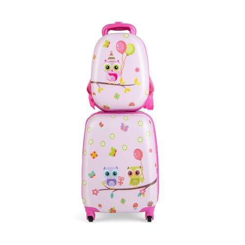 Valise Enfant à Roulettes 16" + Sac à Dos 12" Ensemble De Bagage Enfants Avec Motif Hibou Rose