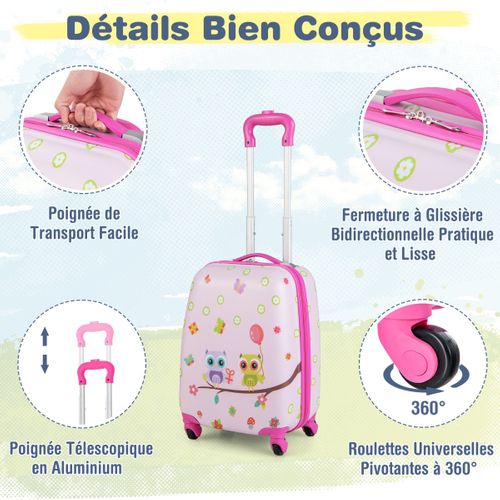 Valise Enfant à Roulettes 16" + Sac à Dos 12" Ensemble De Bagage Enfants Avec Motif Hibou Rose