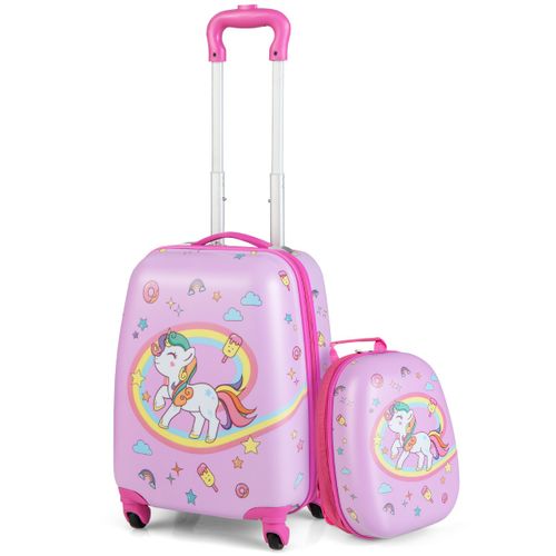 Valise Enfant à Roulettes 16" + Sac à Dos 12" Ensemble De Bagage Enfants Avec Motif Licorne Rose