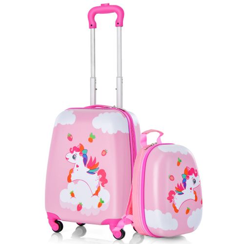 Valise Enfant à Roulettes 16" + Sac à Dos 12" Ensemble De Bagage Enfants Avec Motif Licorne Rose