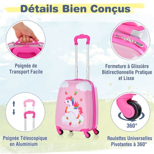 Valise Enfant à Roulettes 16" + Sac à Dos 12" Ensemble De Bagage Enfants Avec Motif Licorne Rose