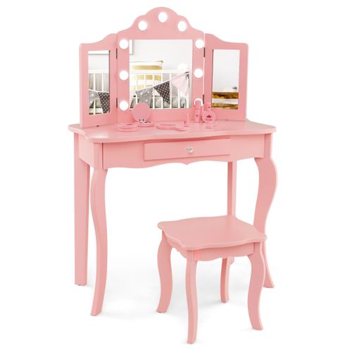 Ensemble De Coiffeuse Enfants Et Tabouret Table De Maquillage Avec Miroir Pliant En Verre