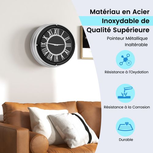 Horloge Murale Silencieuse Cadre Argenté Chiffres Romains Argentés Couvercle En Verre Grande