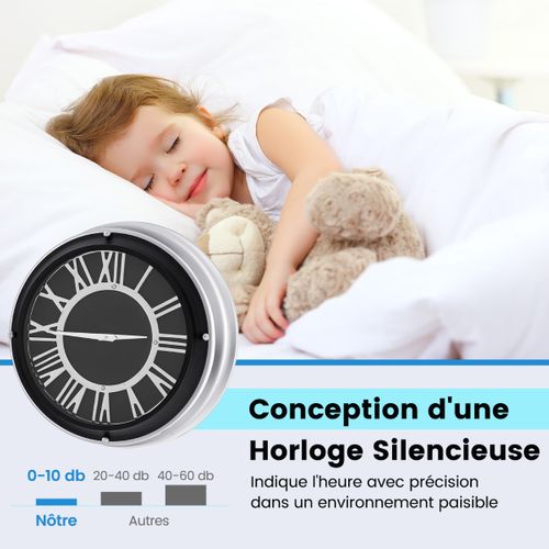 Horloge Murale Silencieuse Cadre Argenté Chiffres Romains Argentés Couvercle En Verre Grande