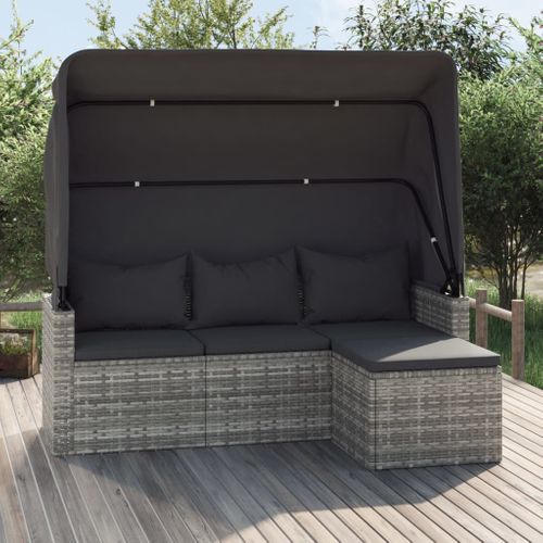 Canapé De Jardin 3 Places Avec Toit Et Repose-pieds Gris