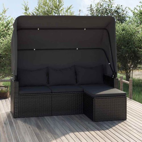Canapé De Jardin 3 Places Avec Toit Et Repose-pieds Noir