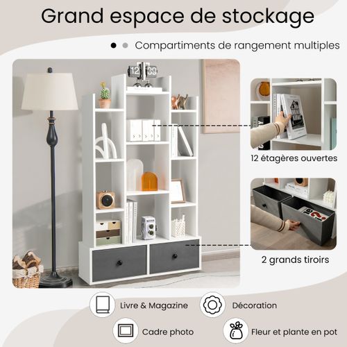 Étagère, Bibliothèque, Meuble De Rangement Avec 12 Compartiments Et Tiroirs Anti-dumping Blanc