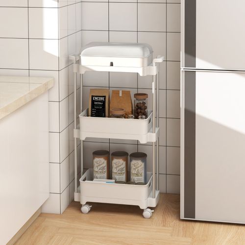 Desserte à Roulettes Chariot De Rangement à 3 Niveaux Couvercle Amovible Mobile Blanc