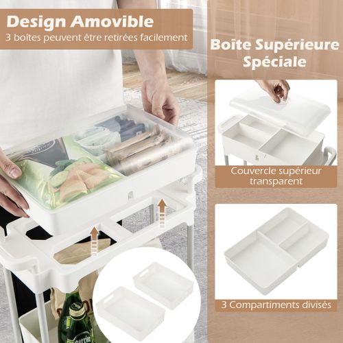 Desserte à Roulettes Chariot De Rangement à 3 Niveaux Couvercle Amovible Mobile Blanc