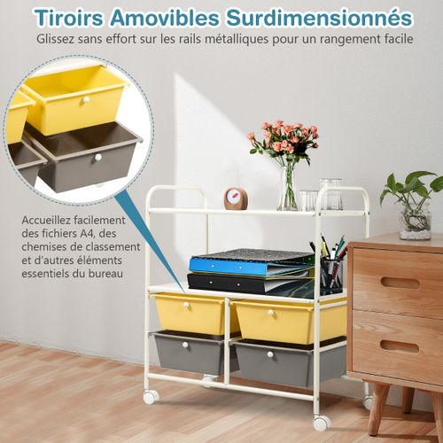 Desserte De Cuisine Chariot De Rangement à Roulettes Avec 4 Tiroirs En Ppetacier 63x37x73,5cm Jaune