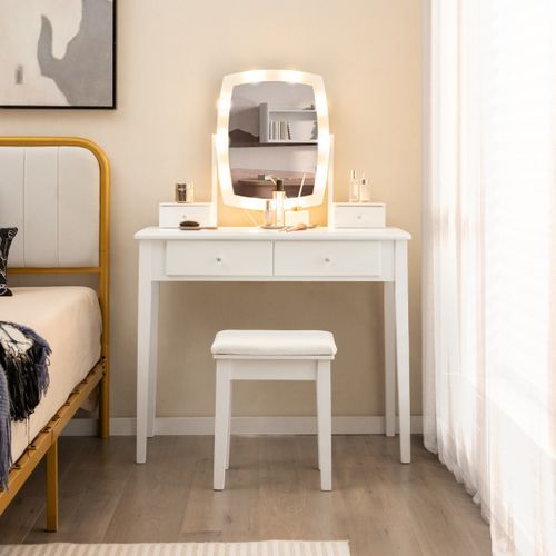Coiffeuse Table De Maquillage Avec Miroir Tabouret Pivotant LED Et 4 Tiroirs Blanc