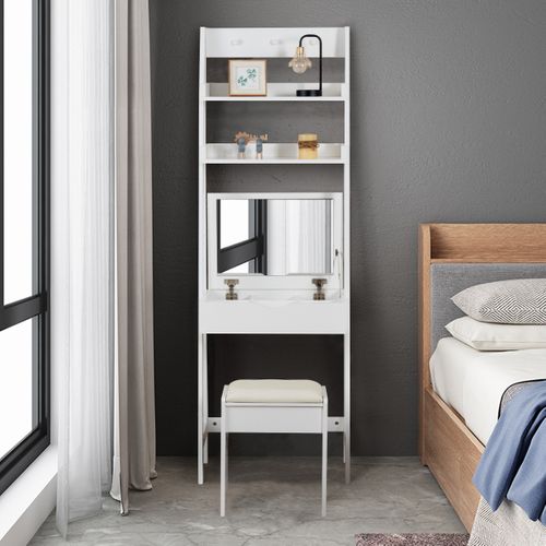 Coiffeuse Table De Maquillage Avec Miroir Tabouret 2 Étagères Mdf 60x40x180cm Blanc