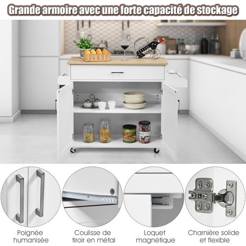 Desserte à Roulettes De Cusine Chariot De Rangement Avec Grand Placard Et Porte-serviettes Blanc