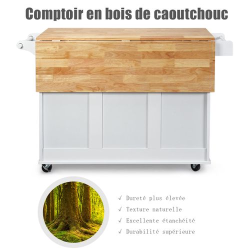 Desserte à Roulettes, Chariot De Rangement Avec Plans De Travail Rabattable En Bois Blanc