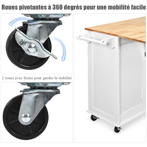 Desserte à Roulettes, Chariot De Rangement Avec Plans De Travail Rabattable En Bois Blanc