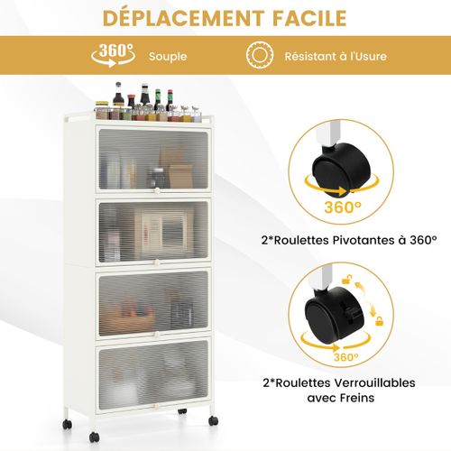 Buffet De Cuisine à Roulettes Meuble De Rangement Avec 4 Portes Pour Salle à Manger Salon Blanc