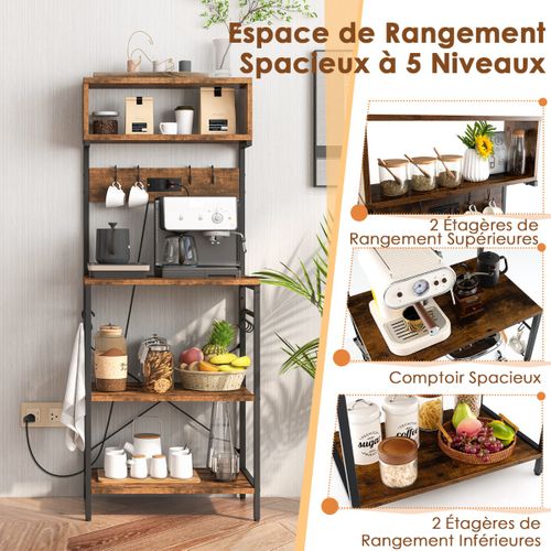 Buffet De Cuisine Meuble De Rangement Support Pour Micro-ondes De 153 Cm 10 Crochets Marron