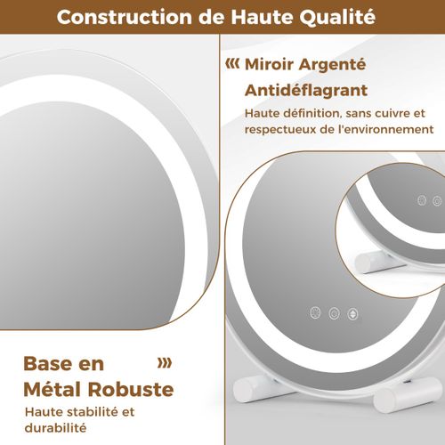 Miroir Maquillage Lumière LED Réglable 30cm Écran Tactile Rotation à 360° Fonction Mémoire