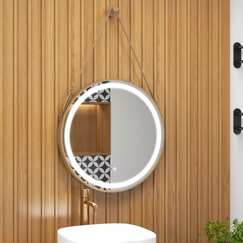 Miroir Mural De Salle De Bain Miroir Circulaire 60 X 60 Cm Avec Sangle De Suspension LED