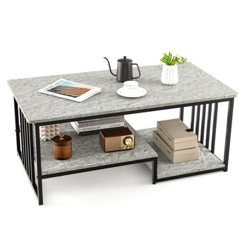Table Basse, Table De Salon En Faux Marbre Rectangulaire à 2 Niveaux 110x60x45cm Métal Gris