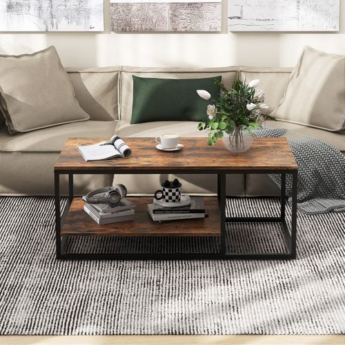 Table Basse, Table De Salon Industrielle à 2 Niveaux Rectangulaire De 105 Cm Cadre En Métal Marron