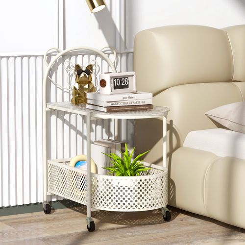 Table Basse à Roulettes, Table De Salon à 2 Niveaux Avec Panier 60 X 40 X 76 Cm Blanc