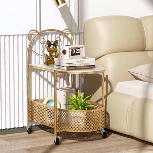 Table Basse à Roulettes, Table De Salon à 2 Niveaux Avec Panier 60 X 40 X 76 Cm Doré