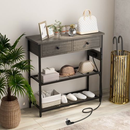 Table Console Table D'entrée Avec Station De Chargement 2 Tiroirset2 Étagères 81x30x81 Cm Gris