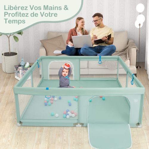 Grand Parc Pour Bébé 200 X 180cm Robuste Maille Douce Et Respirante Anneaux Pour Les Mains