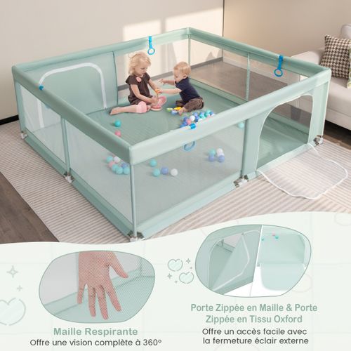 Grand Parc Pour Bébé 200 X 180cm Robuste Maille Douce Et Respirante Anneaux Pour Les Mains