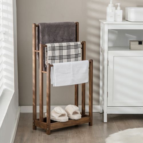 Porte-serviettes Sur Pied En Bois 3 Barres Et Étagère De Rangement Inférieure