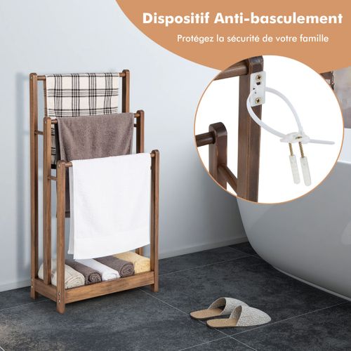 Porte-serviettes Sur Pied En Bois 3 Barres Et Étagère De Rangement Inférieure