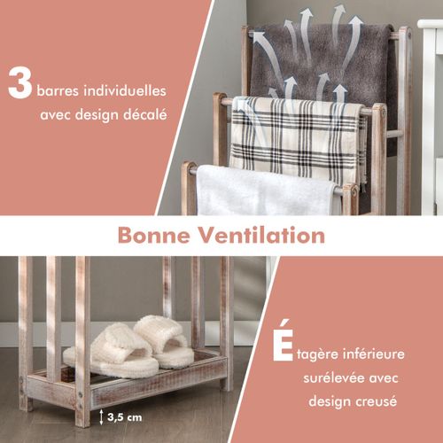 Porte-serviettes Sur Pied En Bois 3 Barres Et Étagère De Rangement Inférieure