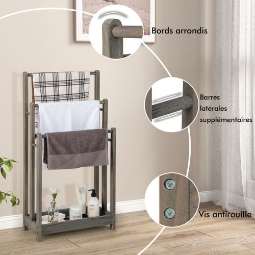 Porte-serviettes Sur Pied En Bois 3 Barres Et Étagère De Rangement Inférieure