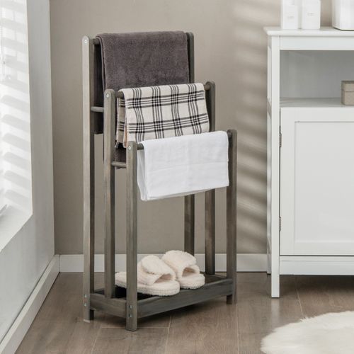Porte-serviettes Sur Pied En Bois 3 Barres Et Étagère De Rangement Inférieure