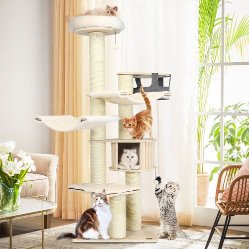 Arbre à Chat 197cm Avec 2 Hamac Perchoir Poteaux à Griffer Et Niche Tour De Jeux Pour Chats