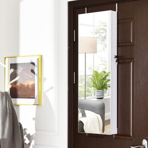 Armoire à Bijoux à Fixation Murale/porte 6 LED Et 2 Tiroirs Avec Miroir Grand Format Blanc