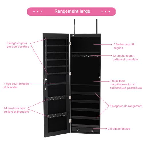 Armoire à Bijoux Avec Miroir Et Lumière LED Multiples Rangements, Avec Crochets Pour Porte