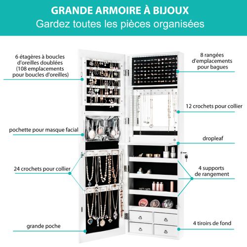 Armoire à Bijoux Murale/à Suspendre LED 4 Tiroirs 4 Etagères Et 1 Abattant Intégré Pour Bijoux