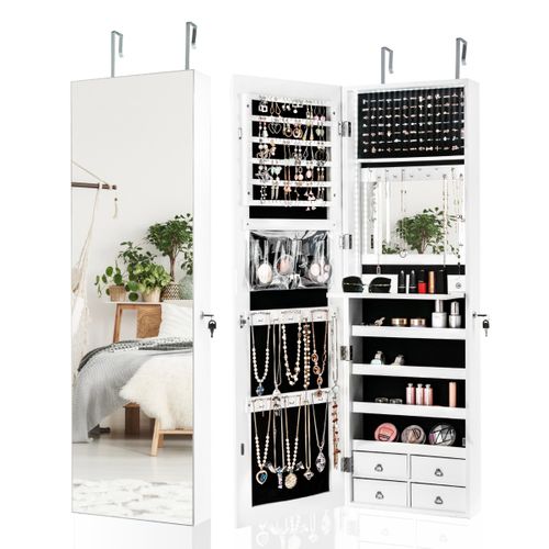 Armoire à Bijoux Murale/à Suspendre LED 4 Tiroirs 4 Etagères Et 1 Abattant Intégré Pour Bijoux