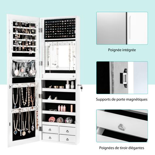 Armoire à Bijoux Murale/à Suspendre LED 4 Tiroirs 4 Etagères Et 1 Abattant Intégré Pour Bijoux